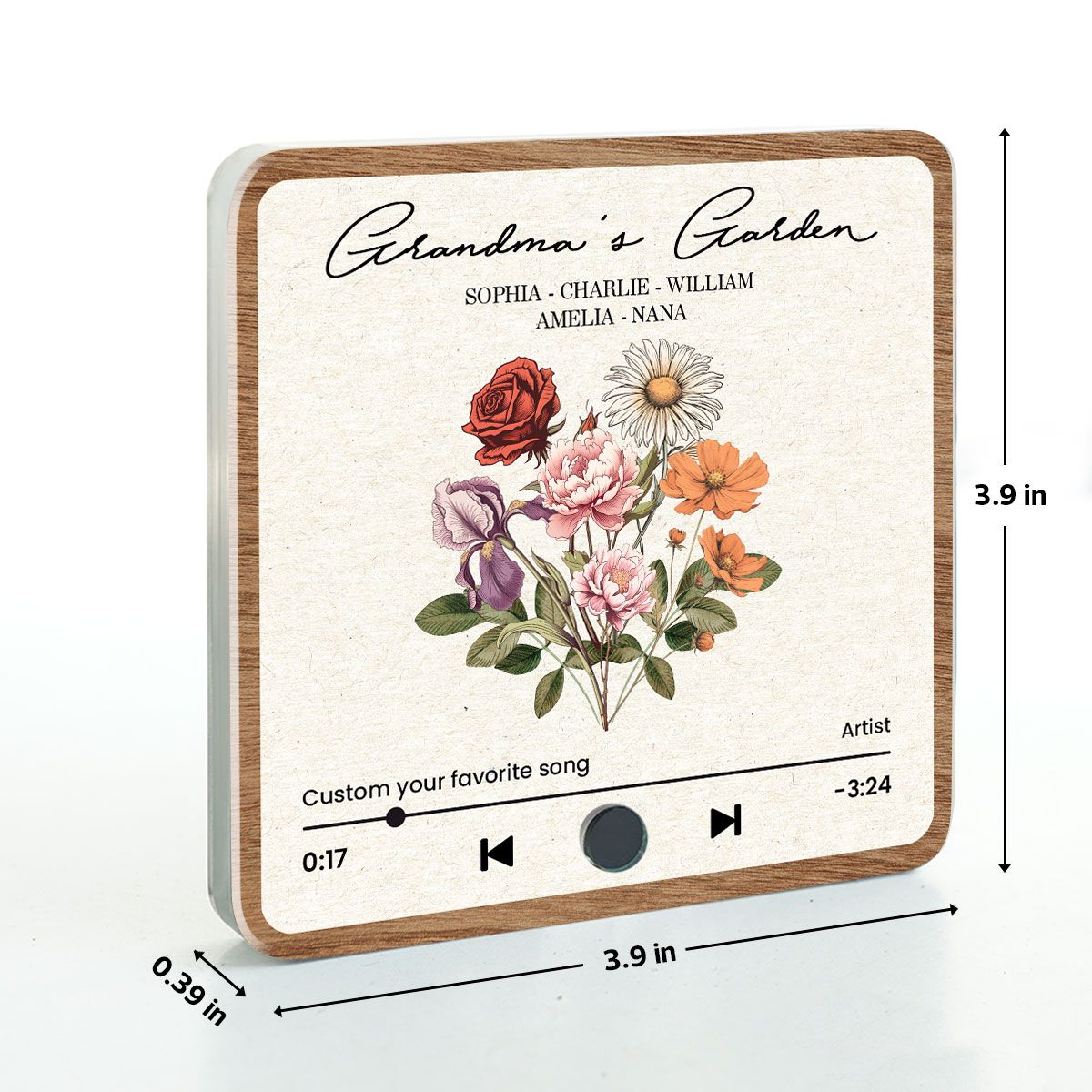 Grandma's Garden Retro Birth Flower Bouquet Personalized Music Fridge Magnet, Gift for Grandma, Mom