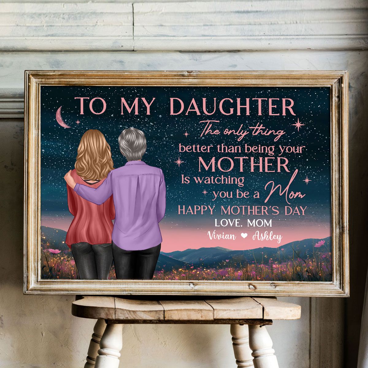 Mother & Daughter In Beautiful Hill At Night Watching You Be A Mom Personalized Canvas, Mother's Day Gift
