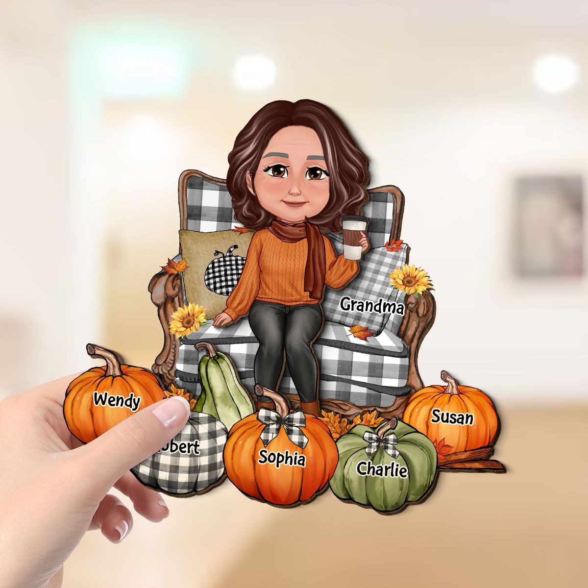 Grandma Sitting On Chair Pumpkins Personalized 2-Layer Wooden Plaque