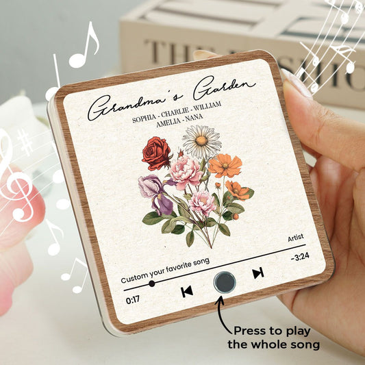 Grandma's Garden Retro Birth Flower Bouquet Personalized Music Fridge Magnet, Gift for Grandma, Mom