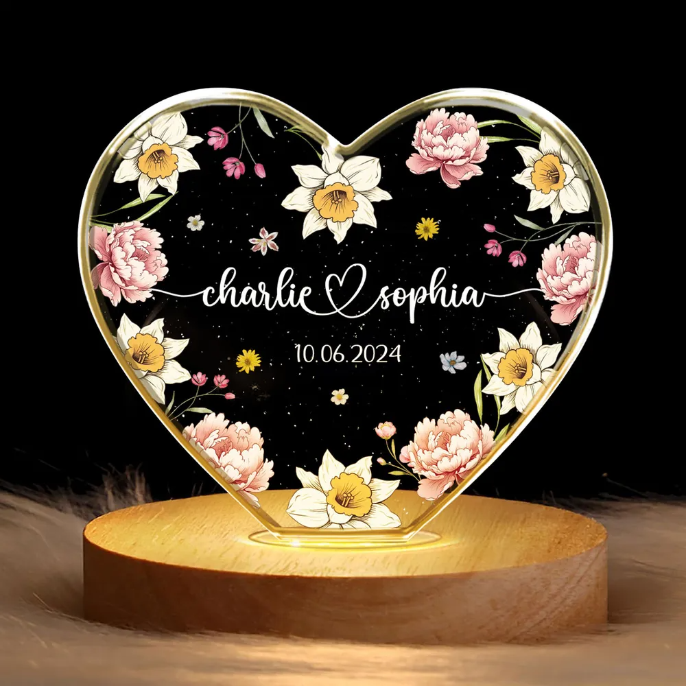 Couple Name Birth Month Flower Premium Crystal Heart LED, Unique Personalized Gift For Couple, For Him, For Her, Perfect Last-minute Valentine's Gift