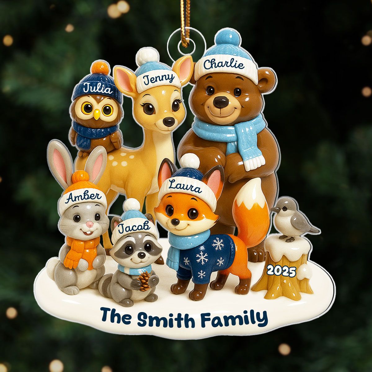 3D Effect Woodland Family Personalized Acrylic Ornament, Christmas Decor