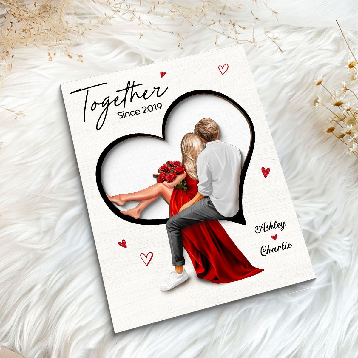 Couple Sitting On Heart Engraved Personalized 2-Layer Wooden Plaque, Valentine's Day gift, Anniversary Gift for Couples