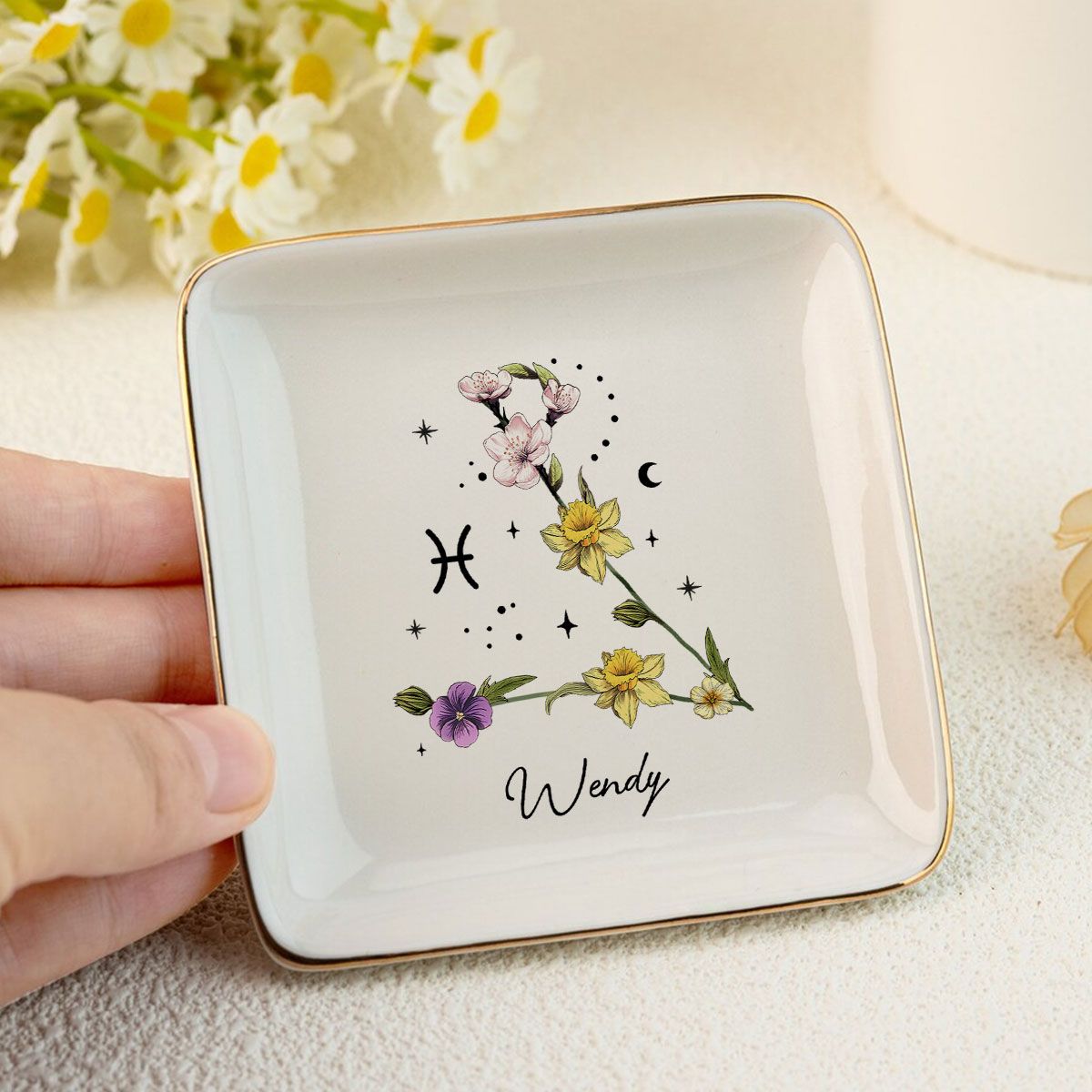 Zodiac Sign Birth Month Flower Personalized Jewelry Dish, Gifts For Friends, Daughter, Birthday Gifts
