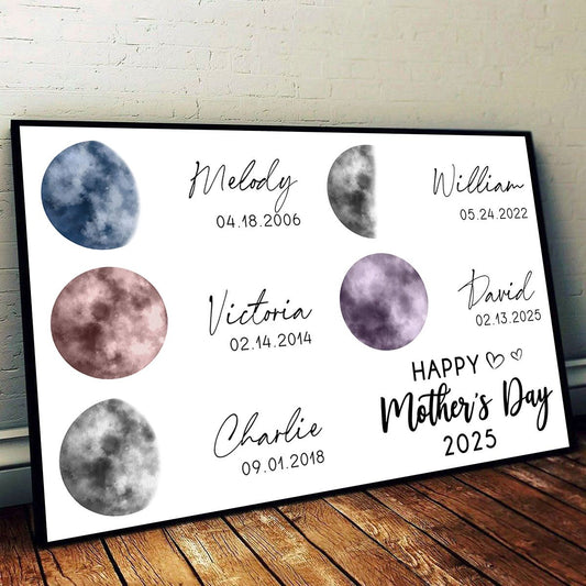 Colorful Birth Moon Phase The Day You Become Mom Grandma Personalized Canvas, Mother's Day Gift