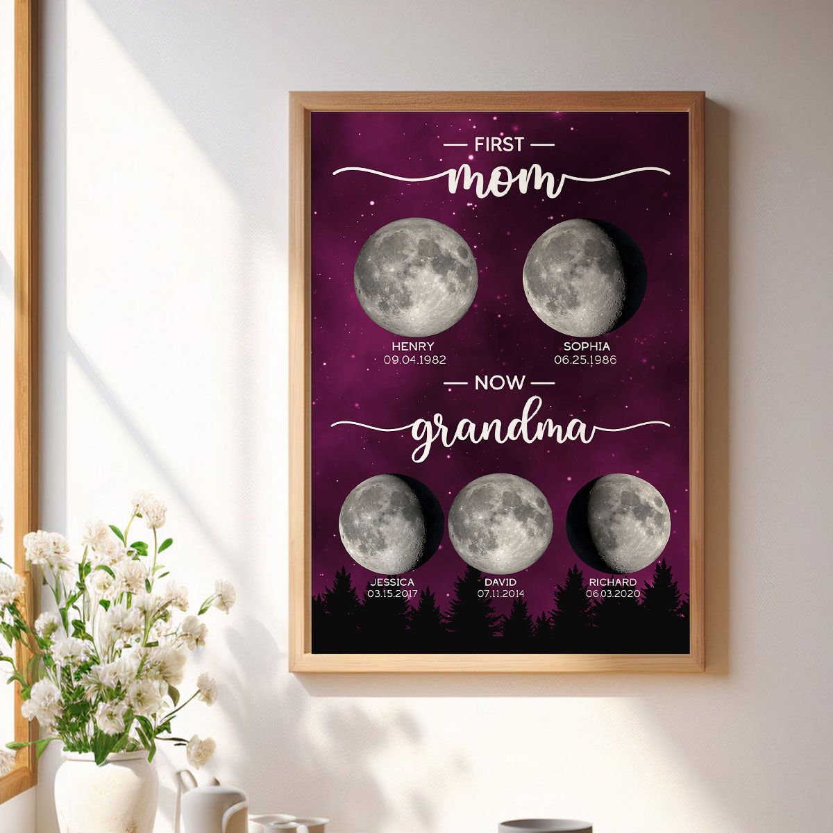 Galaxy Night First Mom Now Grandma Custom Birth Moon Phase Personalized Canvas, Mother's Day Gift