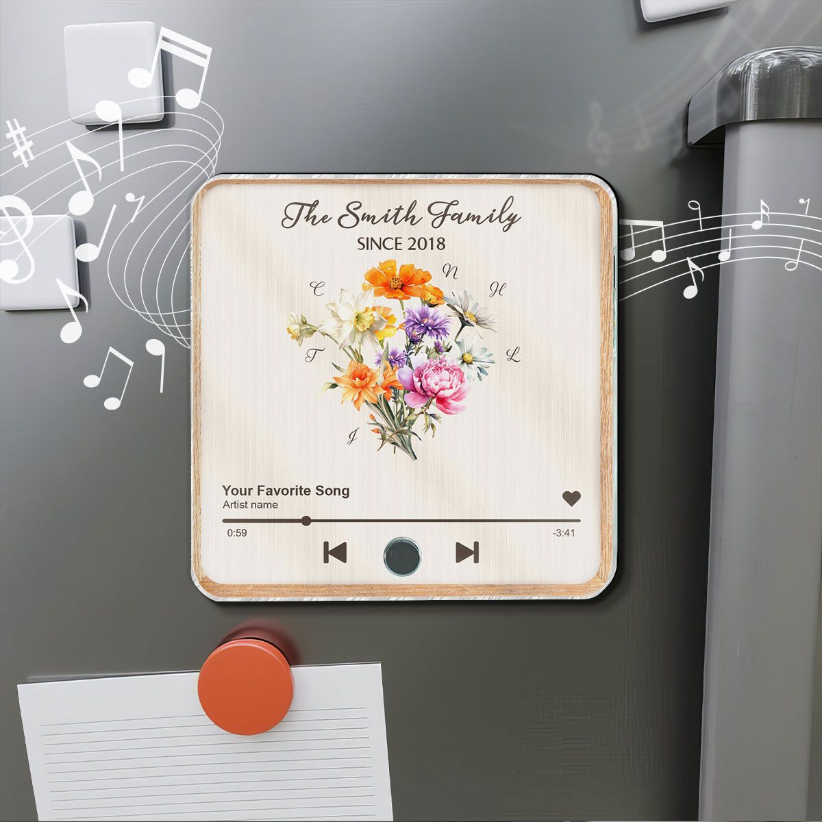 Birth Month Flower Bouquet Family Name Personalized Music Fridge Magnet