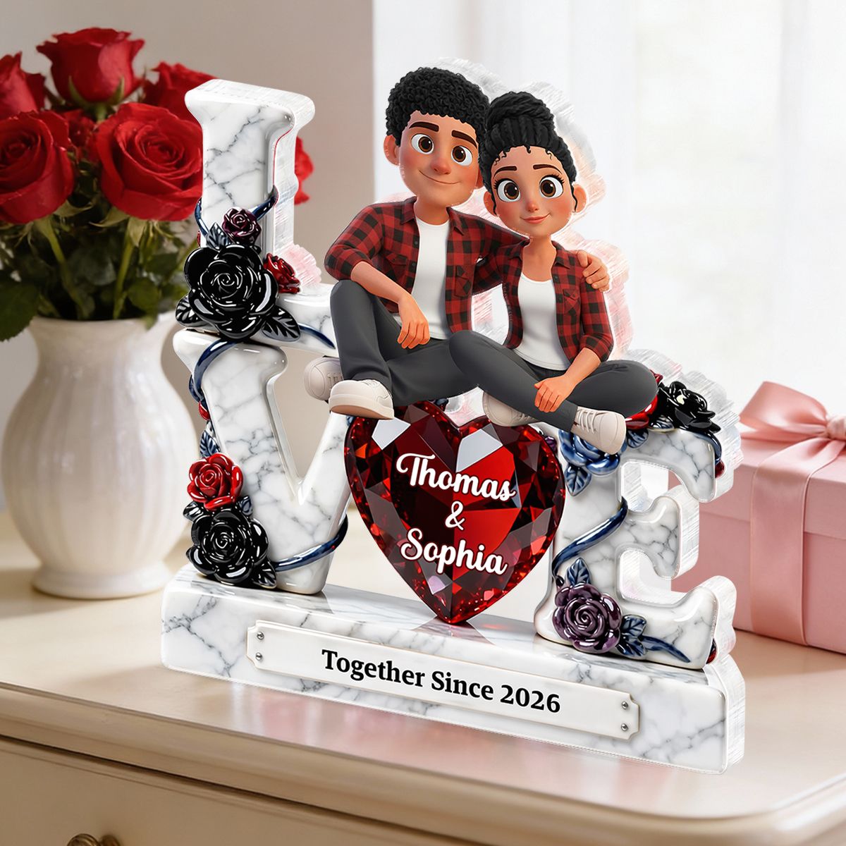 Couple Sitting on Love Marble Pattern - Personalized Acrylic Block Plaque - Heartfelt Valentine's Day Gift for Her, for Him