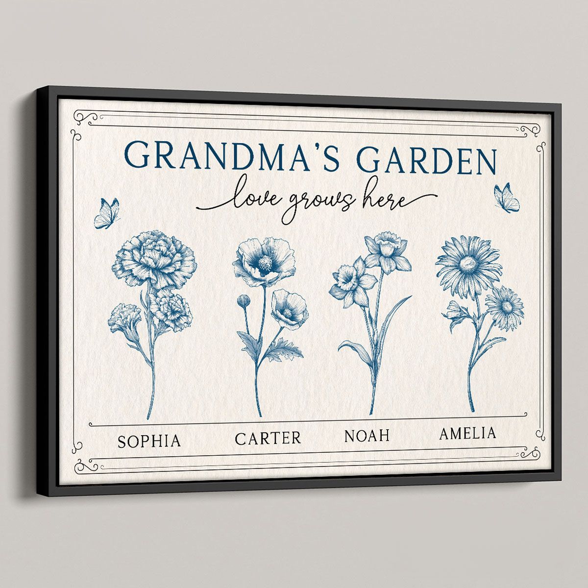 Grandma's Garden Retro Birthmonth Flower Personalized Canvas, Grandkids Names Floral Gift