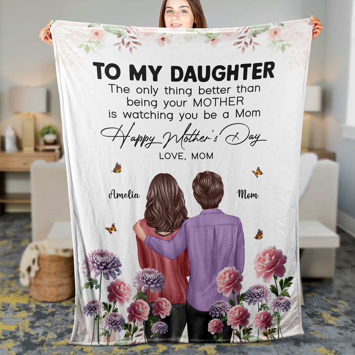 To My Daughter From Mom Happy Mother's Day Birth Flower Personalized Fleece Blanket, Mother's Day Gift For Daughter