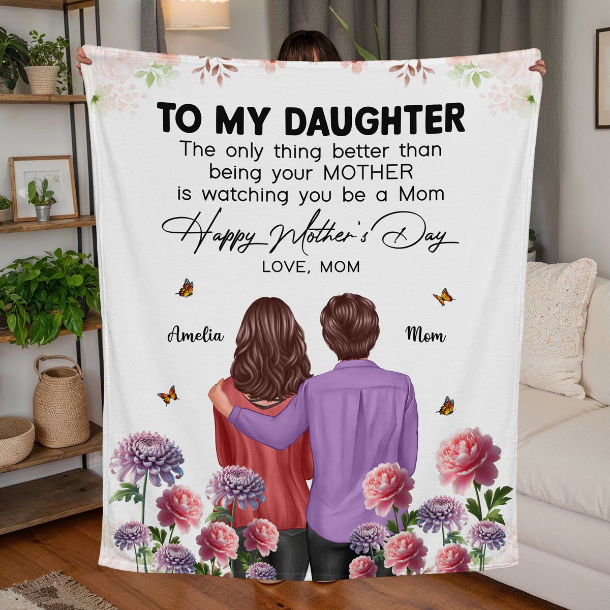 To My Daughter From Mom Happy Mother's Day Birth Flower Personalized Fleece Blanket, Mother's Day Gift For Daughter