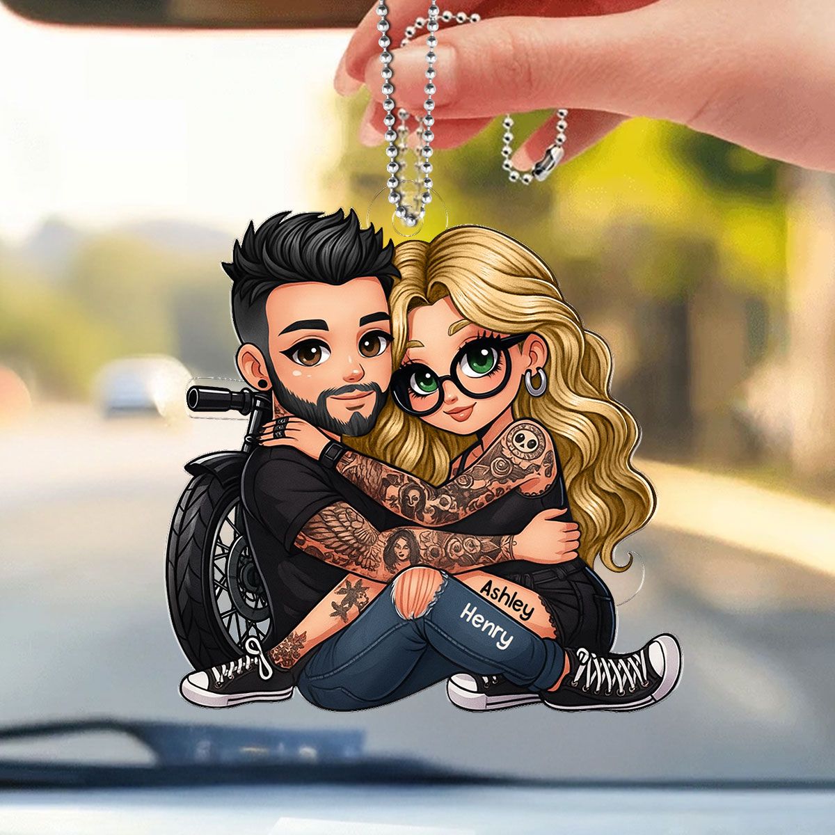 Biker 3D Cartoon Effect Couple Personalized Acrylic Car Ornament, Gift for her, Gift for him, Motorcycle Lovers