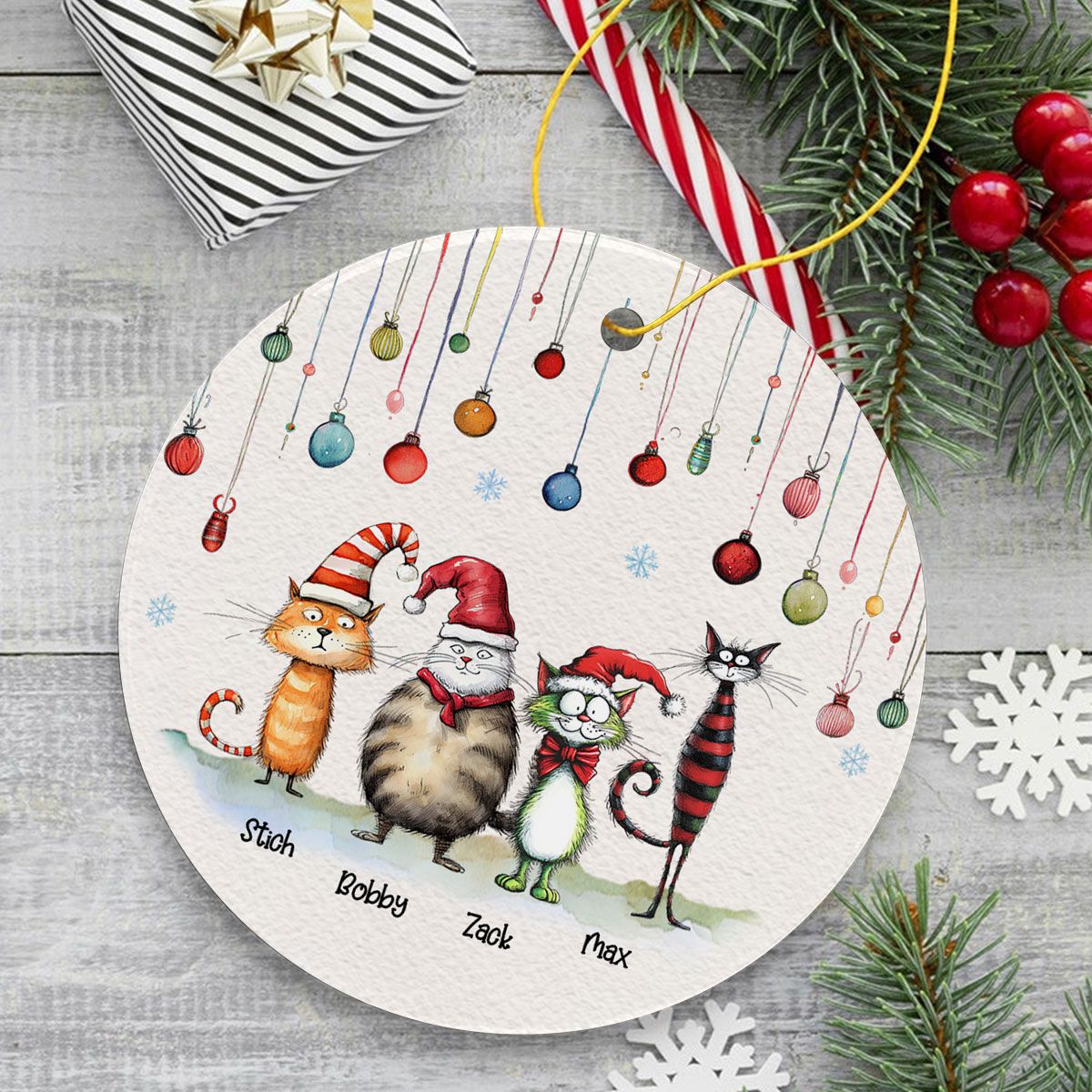 Quirky Christmas Cat Whimsical Funny Silly Holiday Cats Personalized Circle Ceramic Ornament