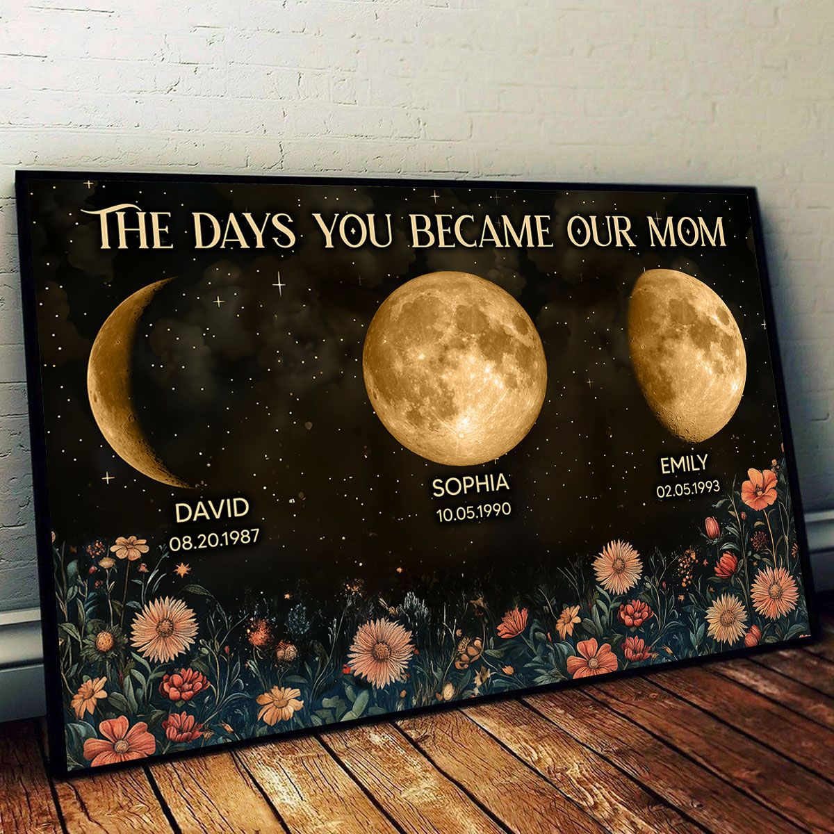 Vintage Flowers The Day You Become Mom Grandma Custom Birth Moon Phase Personalized Canvas, Mother's Day Gift