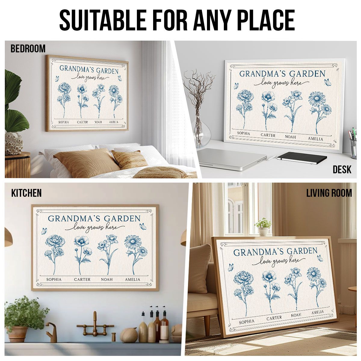 Grandma's Garden Love Grows Here Blue Vingtage Birthmonth Flowers Personalized Canvas, Grandkids Names Floral Gift