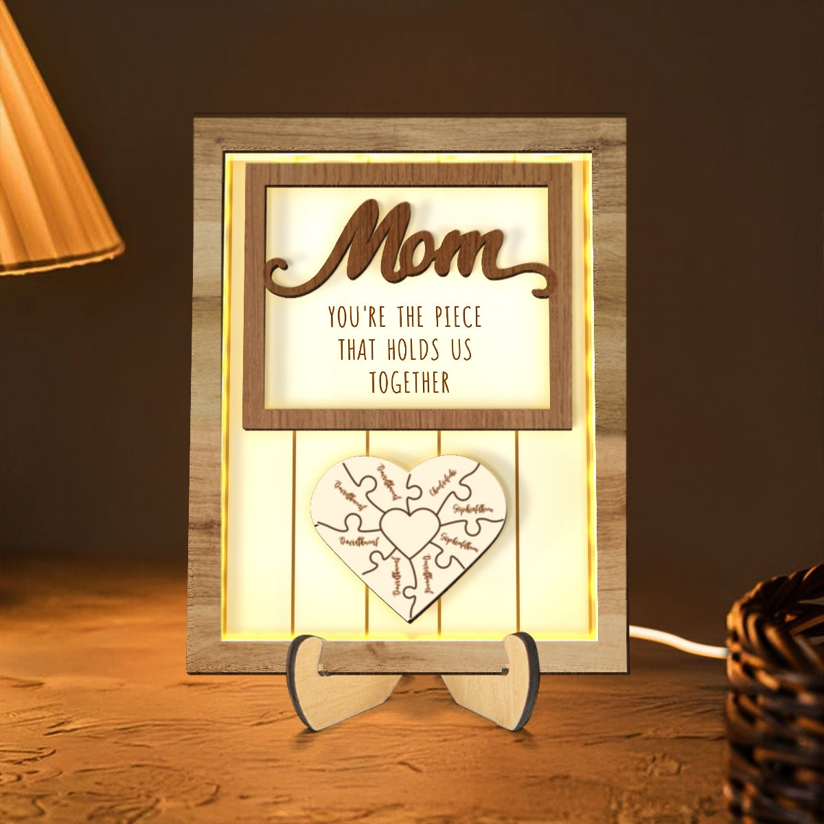 Mom You're The Piece that Holds Us Together Personalized 2-Layered Wooden Frame with LED, Heartfelt Mother's Day Gift for Mom, Grandma