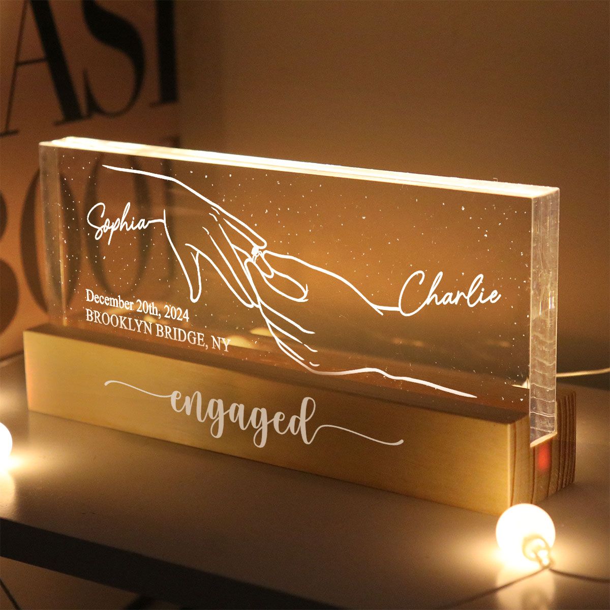 Engagement Keepsake Couple Hands Outline Personalized Block LED Plaque