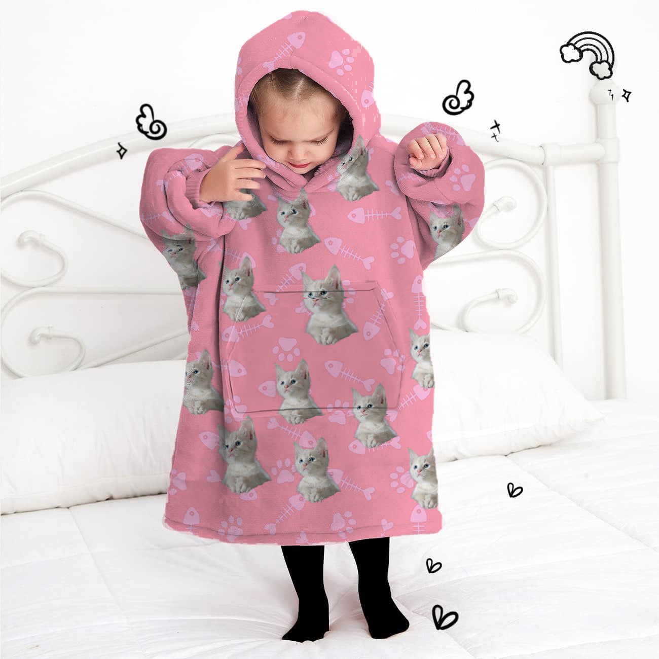 Personalized Blanket Hoodie With Dog Cat Photo Oversized Sweatshirt Blanket Warm Cozy Star Hooded Blanket