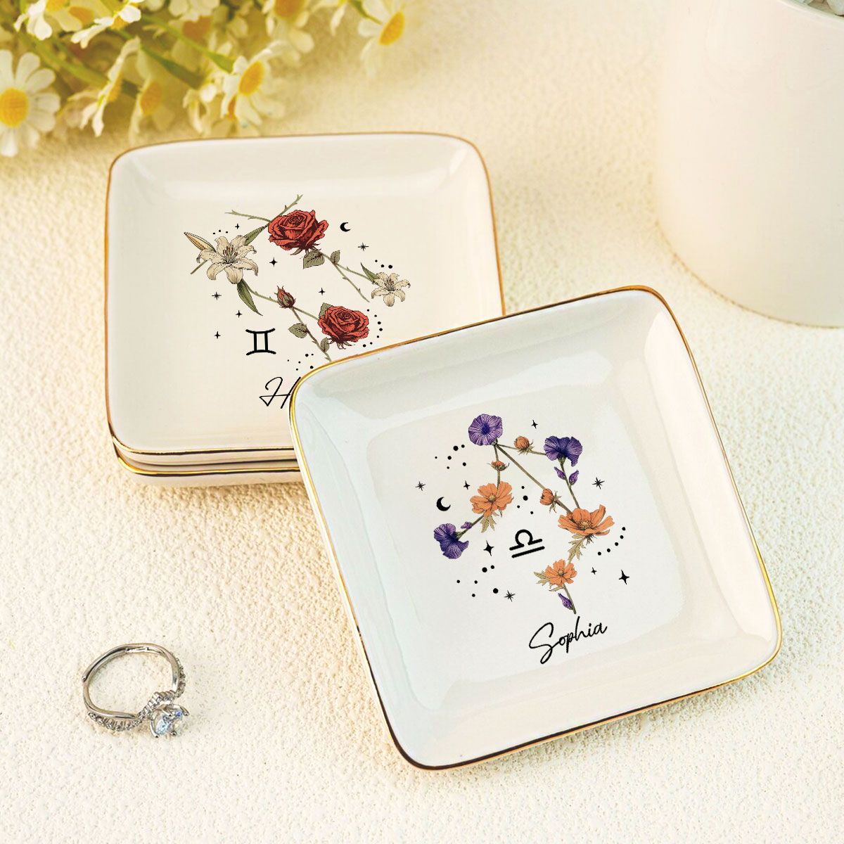 Zodiac Sign Birth Month Flower Personalized Jewelry Dish, Gifts For Friends, Daughter, Birthday Gifts