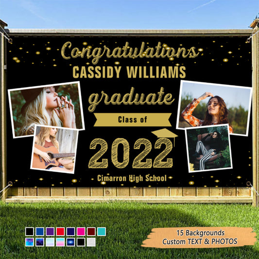 2023 Gold Sketch 4 Photo Collage Graduation Party Banner. Personalized With Name/Photo & 15 Backgrounds