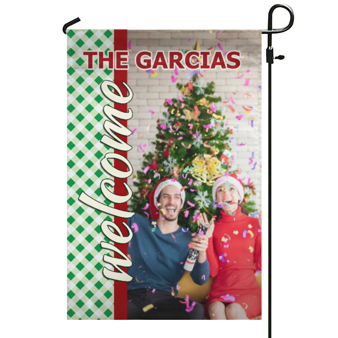 Gingham Welcome – Personalized Photo & Family Name Garden & House Flag