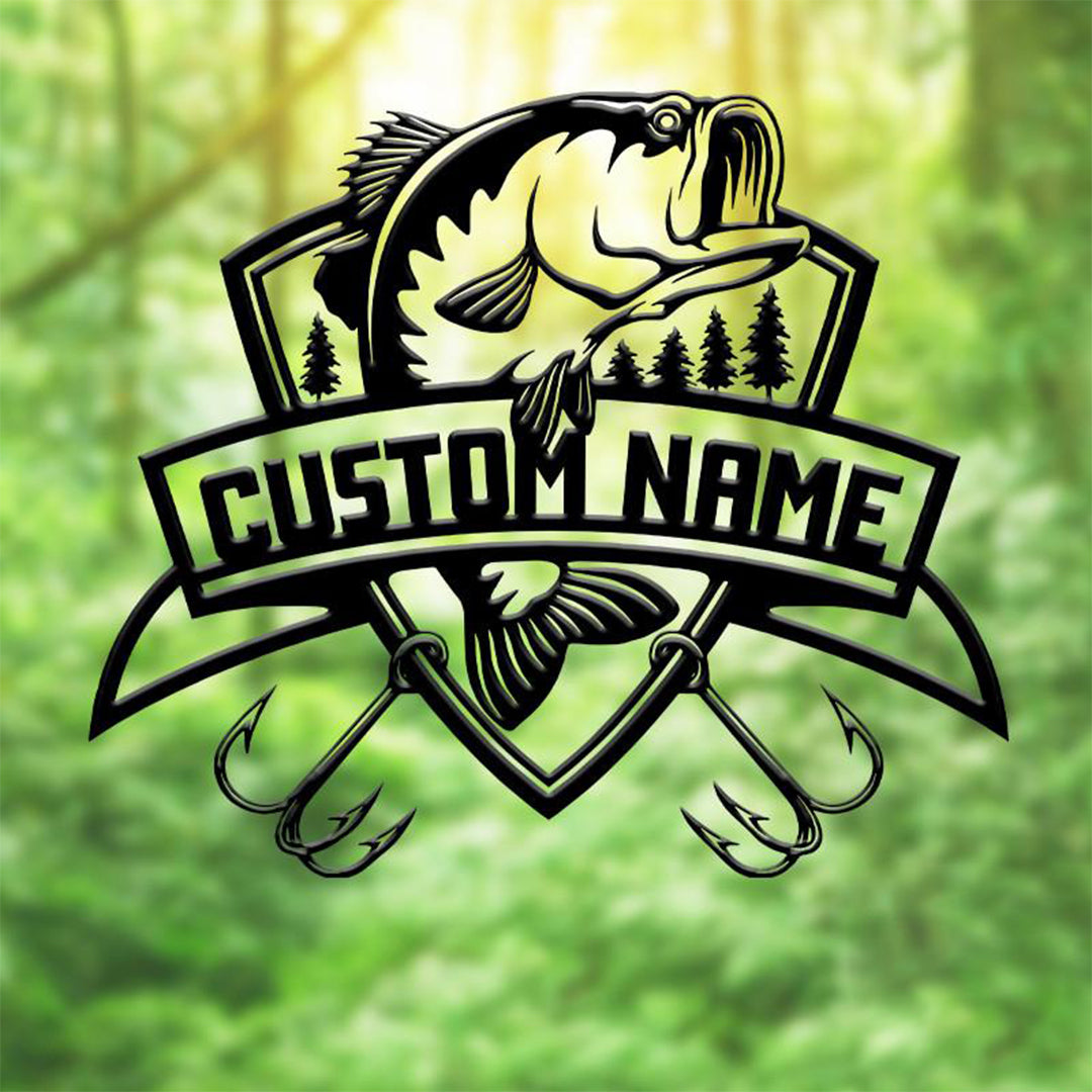 Bass Fish Logo Custom Name Trout Name Sign, Family Name Sign, Metal Monogram Sign