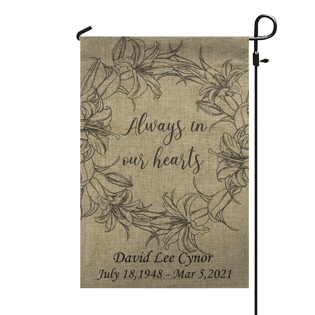 Personalized Always In Our Hearts Burlap Garden Flag