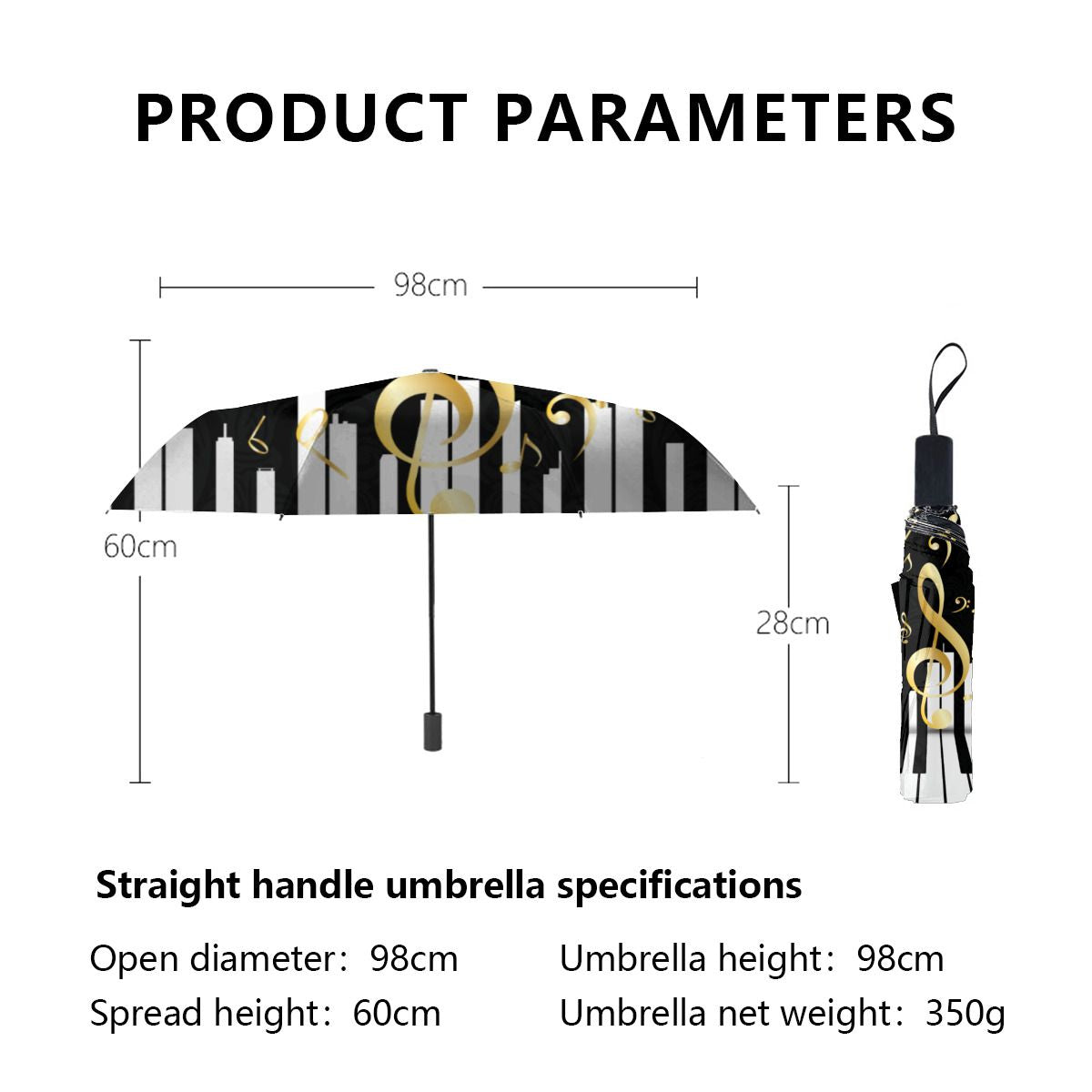 Royal Elegant Music Note Piano Keys Brushed Polyester Umbrella No.35R8NH