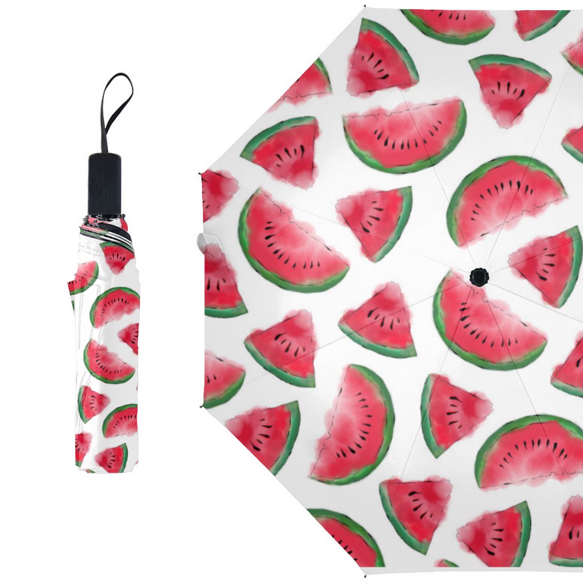 Summer Red Green Watermelon Watercolor Pattern Brushed Polyester Umbrella No.3GMNTA