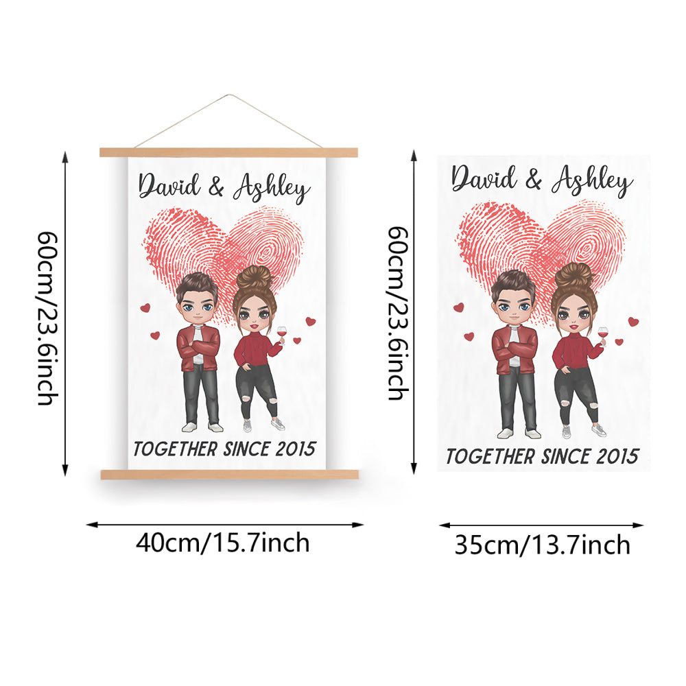 Doll Couple Together Since Anniversary Gift Personalized Wall Scroll Painting  With Wooden Poster Hanger