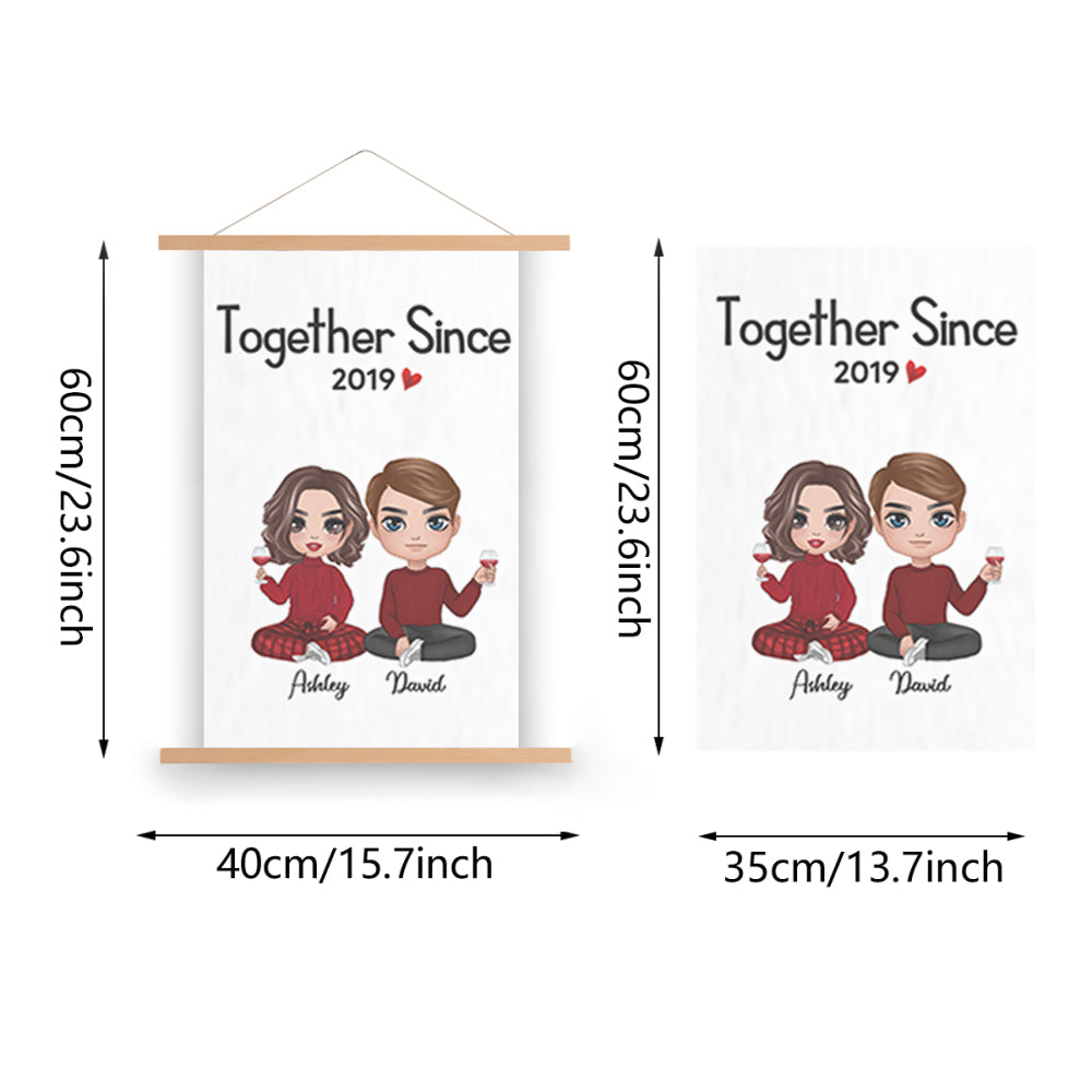 Doll Couple Sitting Valentine's Day Gift For Him For Her Personalized Wall Scroll Painting  With Wooden Poster Hanger