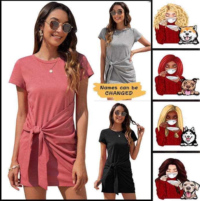 Dog Mom Red Patterned Dress With O-Neck Short Sleeve