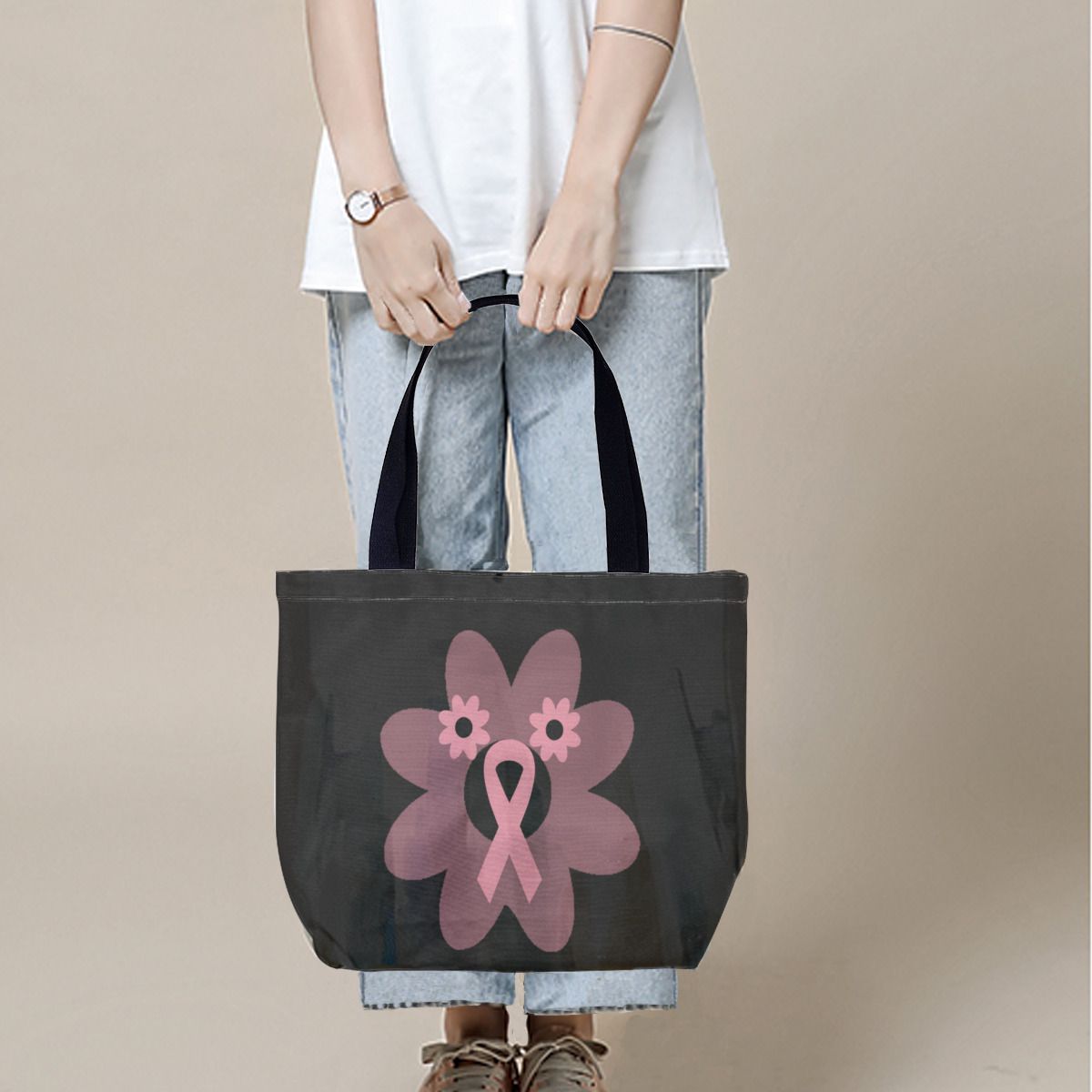 Breast Cancer Awareness Pink Ribbon Flower Canvas Bag No.PORAFY