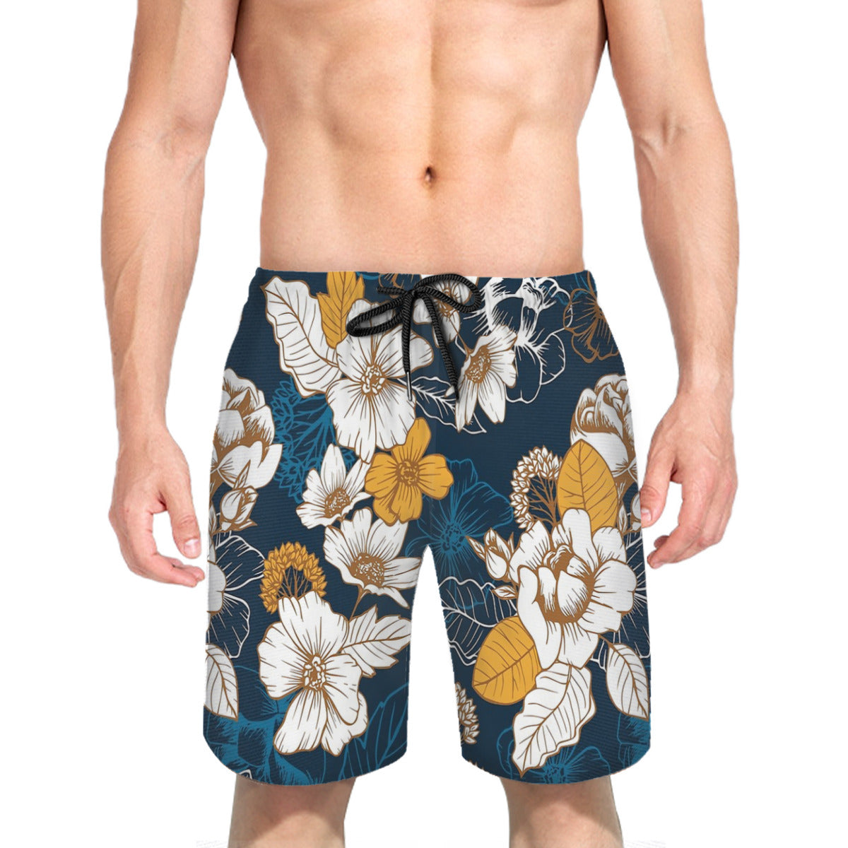 Navy And Gold Peony And Blossom Seamless Pattern Graphic Men's Swim Trunks No.PRULCU