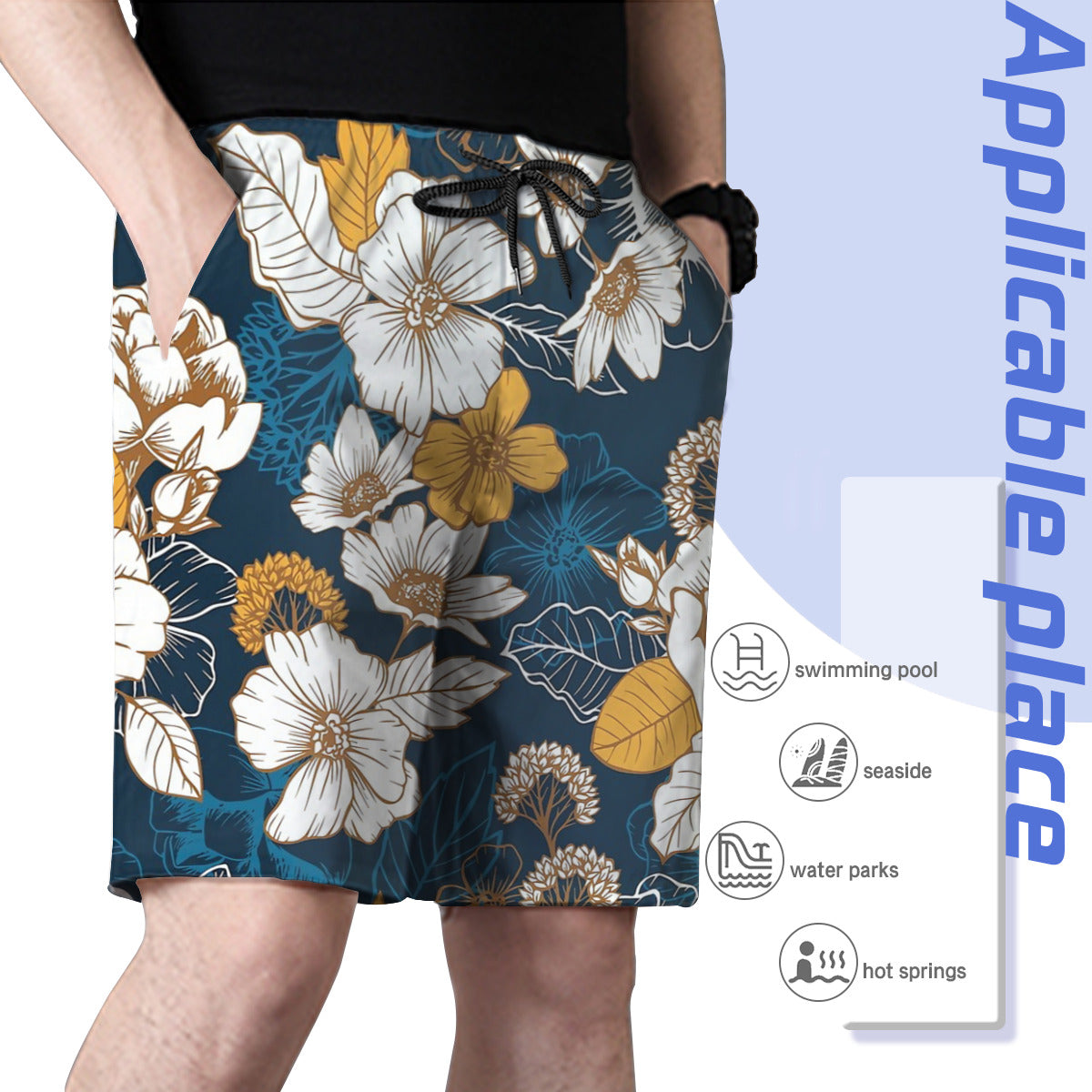 Navy And Gold Peony And Blossom Seamless Pattern Graphic Men's Swim Trunks No.PRULCU