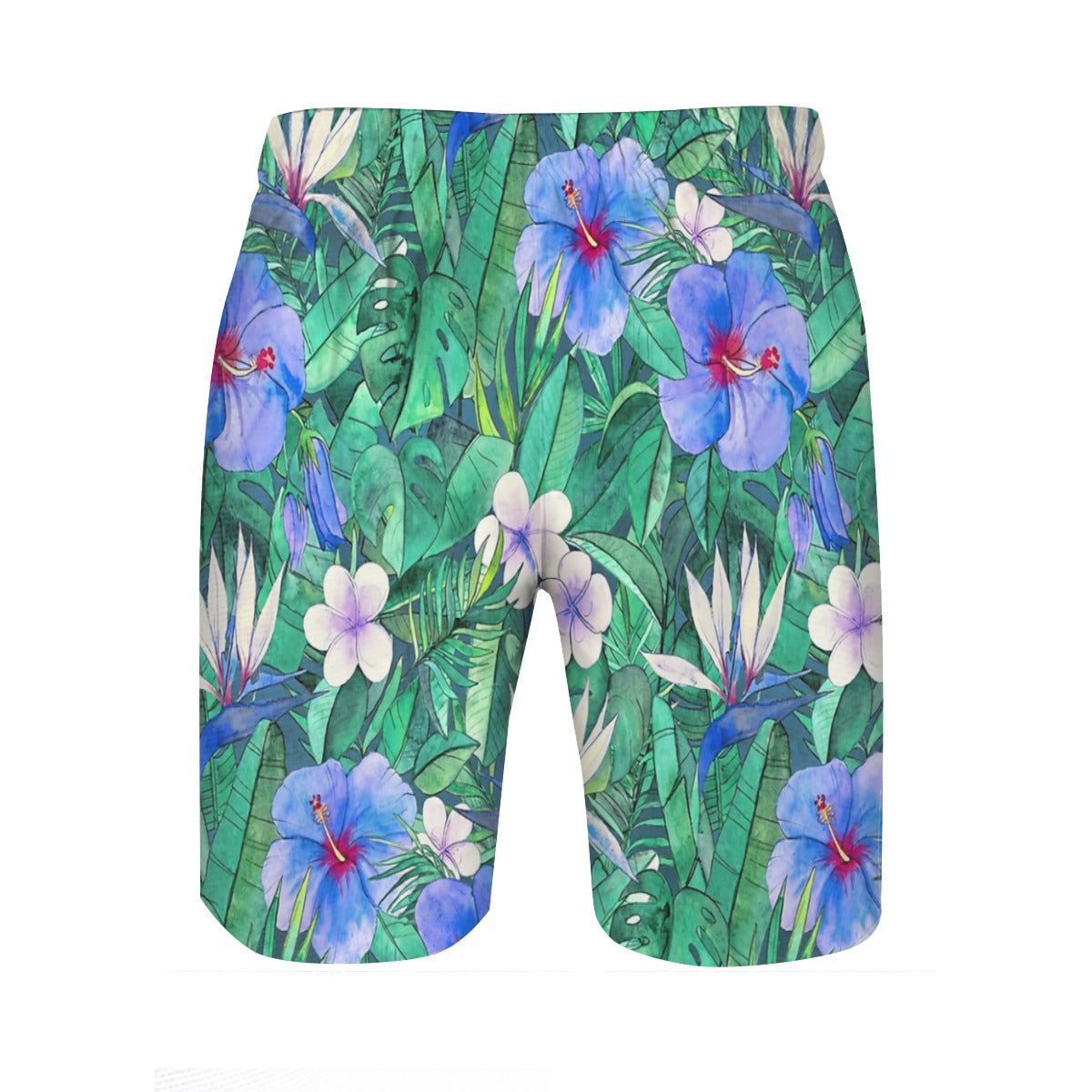White Bird Of Paradise & Blue Hibiscus Tropical Garden Graphic Men's Swim Trunks No.XVWBJE