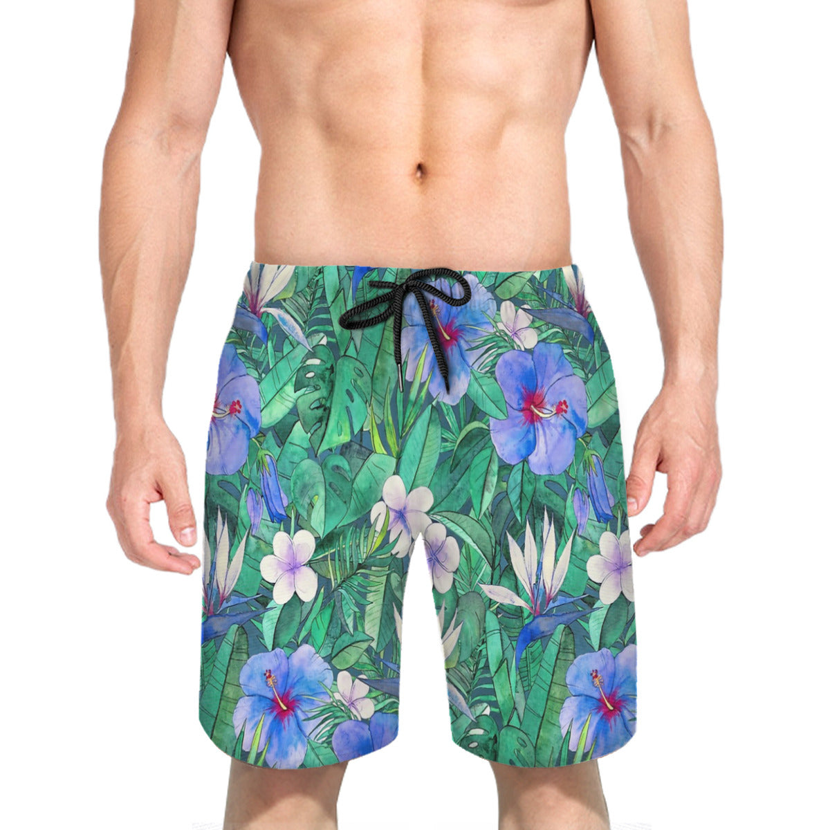 White Bird Of Paradise & Blue Hibiscus Tropical Garden Graphic Men's Swim Trunks No.XVWBJE