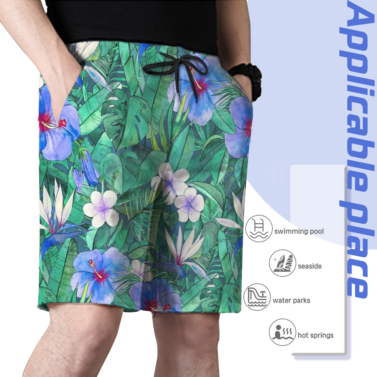 White Bird Of Paradise & Blue Hibiscus Tropical Garden Graphic Men's Swim Trunks No.XVWBJE